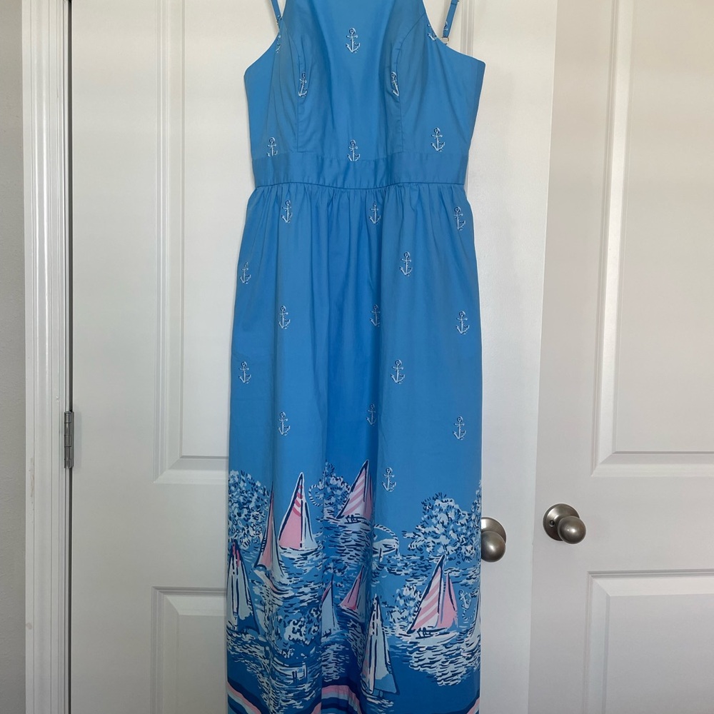 Blue Nautical Maxi Dress with Sailboat Print